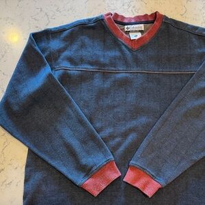 *Vintage* Columbia Men's Navy Sweater with Rust Red V-Neck Trim
